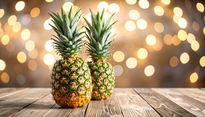 Two pineapples on a rustic wooden surface against a bokeh background of golden lights