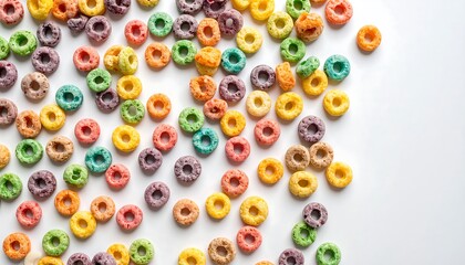 Colorful cereal rings scattered on white background