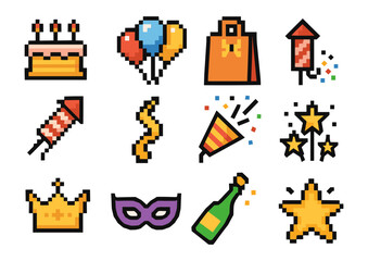 Colorful pixel art celebration icons for parties and festive events