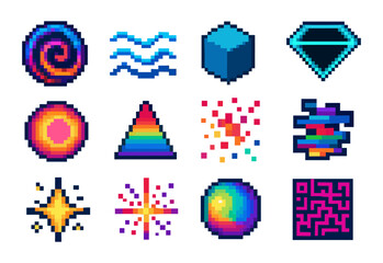 Pixel art geometric shapes collection with vibrant retro colors