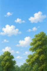 Clear Blue Sky with White Clouds and Green Treetops