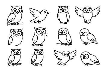 Fototapeta premium Cute cartoon owl and bird icons in simple black outline style
