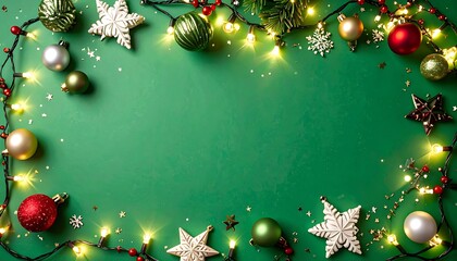 Green background adorned with Christmas ornaments, lights, and red berries