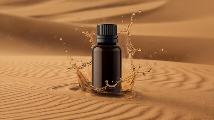Essential oil bottle mockup with splash in desert sand background, herbal and wellness products promotion, copy space