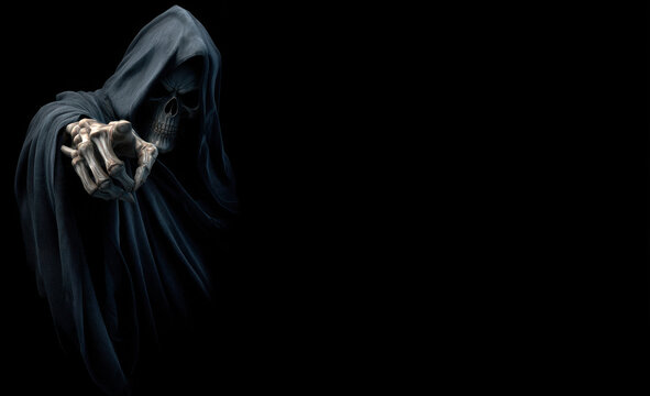 The Grim Reaper, a skeletal figure in a dark hooded cloak, points a bony finger forward from the shadows.