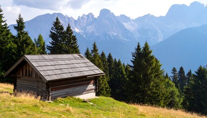 Rustic cabin nestled in mountain meadow, framed by pines, with majestic peaks beyond