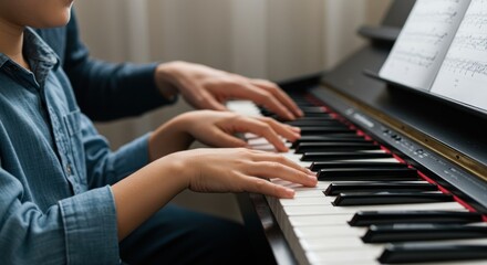 Fototapeta premium A child learns piano with an adult, focusing on hands playing the keys.