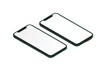 Two smartphones, side-by-side, in an isometric view, with blank screens