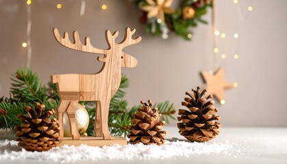 Wooden reindeer ornament amongst Christmas decorations