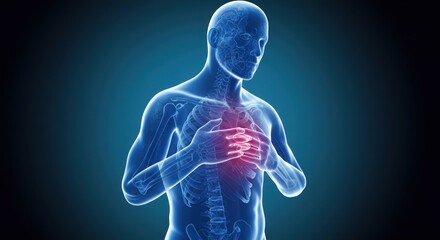 Man with chest pain, digital illustration of the human body highlighting the heart area.