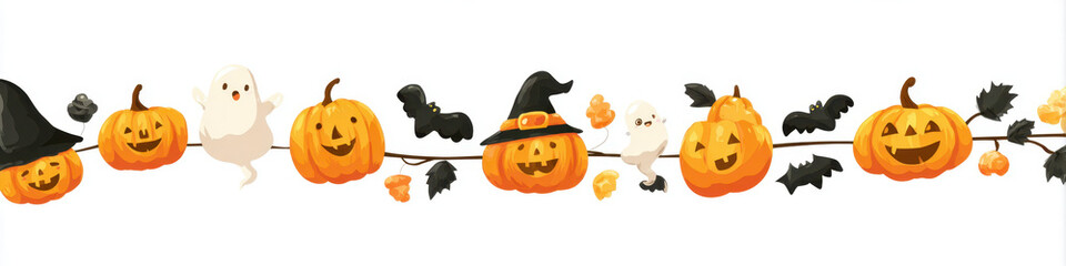 A festive Halloween garland featuring pumpkins, bats, ghosts, and witch hats, perfect for decorations.