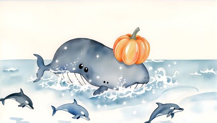 Whale with pumpkin on head swimming with dolphins in stylized ocean, combining humor and fantasy in playful marine illustration.