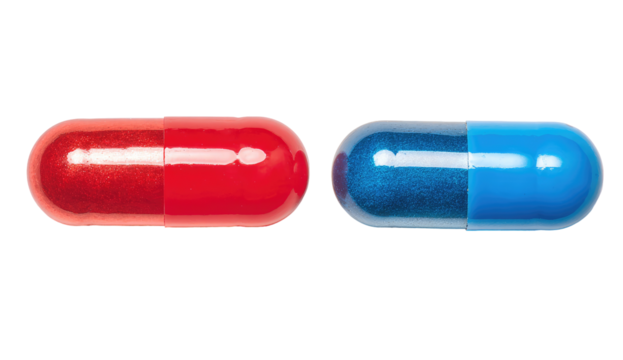 Two colored capsules, red and blue, are displayed side-by-side on a black background.  Each capsule is oval-shaped, with a visible separation.  The capsules have a glossy finish
