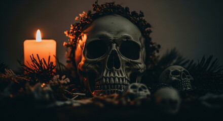 Old human skull on wooden desk. Halloween decoration for spooky party. Death concept.