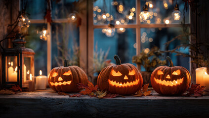 Fototapeta premium Three carved jack-o'-lanterns glowing with light on a windowsill with autumn leaves and candles, decorated for Halloween.