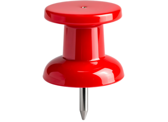 Glossy Red Thumbtack with Sharp Steel Tip, Front Close-Up View, Isolated on Transparent background