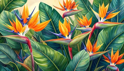 Vibrant bird of paradise flowers amidst lush foliage