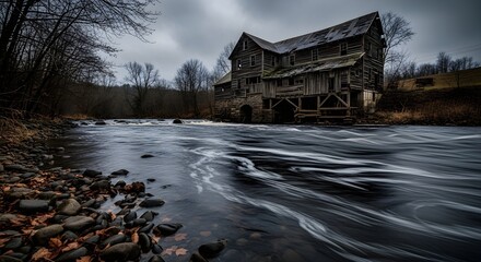 Fototapeta premium Abandoned Historic Wooden Water Mill by a Serene, Fast-Flowing River on an Overcast Autumn Day