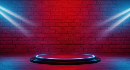 Empty circular platform illuminated by vibrant blue and red spotlights against a brick wall backdrop.