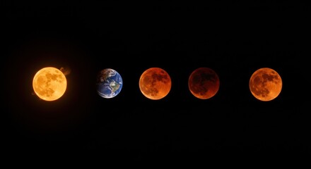 A series of images showing the Earth and moon during a lunar eclipse, showcasing the changing colors of the moon.