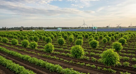 A vast agricultural landscape featuring rows of cultivated trees and fields with a cloudy sky.