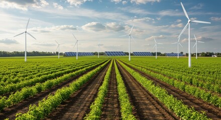 Verdant agricultural field with rows of crops, wind turbines, and solar panels in the background under a bright sky.