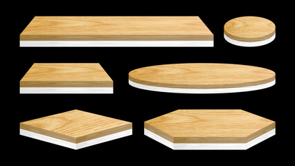 3D realistic podium stage with wooden top plates, isolated geometric platforms and pedestals in round, hexagon, square and rectangle shapes for product presentation vector illustration