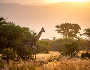 Giraffe at sunset in African savanna