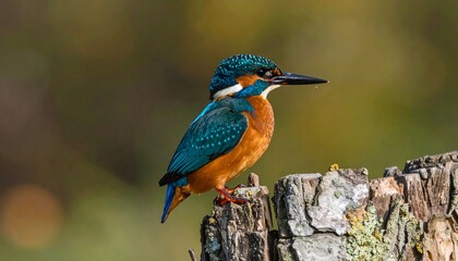 A kingfisher perches gracefully on a weathered log, its vibrant plumage contrasting beautifully with the blurred background.