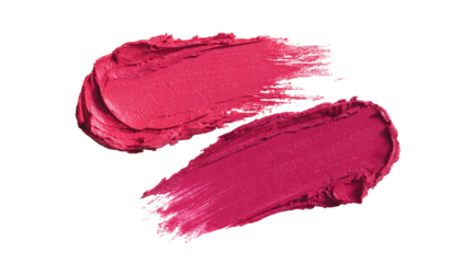 Two vibrant, slightly overlapping swatches of lipstick in shades of fuchsia and coral, showing brushstrokes
