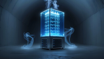 Futuristic glowing server tower with smoke effects in dark room