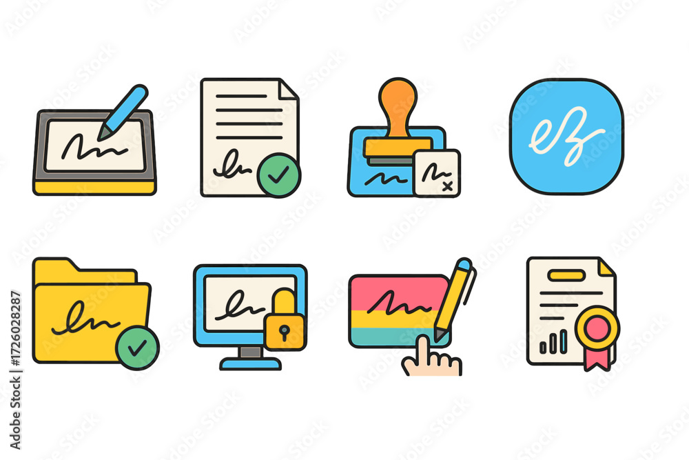Poster electronic signature flat icon set for digital document signing and secure authentication