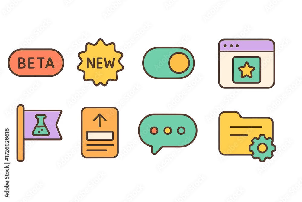 Aufkleber tech and web development icon set. flat-style digital, ui icons for developers