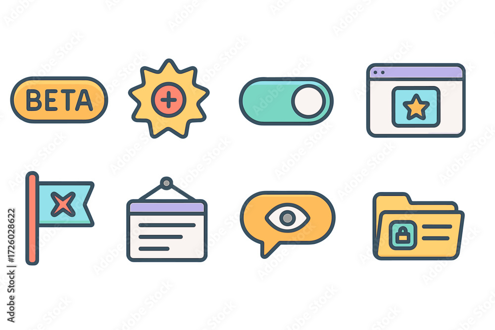 Aufkleber beta software flat icon set. ui elements, digital interface, web icons collection