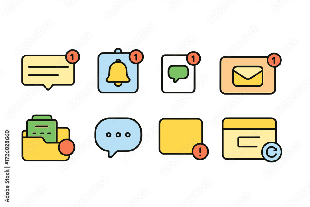 Poster notification and messaging icon set with flat style. alerts and communication icons
