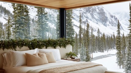 Fototapeta premium A cozy bedroom offers an inspiring wintry escape, with a grand window framing a snow-covered mountain. It evokes a sense of peace and serenity, perfect for relaxation.