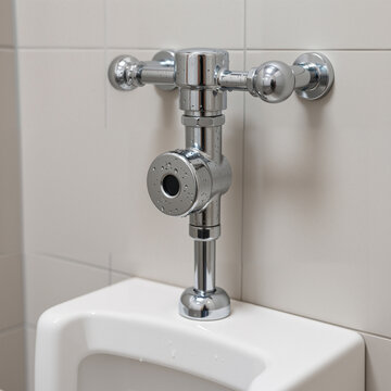 Chrome urinal flush valve installed on white tiled wall  