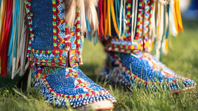Traditional Indigenous Footwear and Regalia Standing on Grass Field