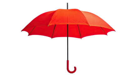 A vibrant red umbrella, open, against a black background.  The umbrella's canopy is a deep, rich red,  with visible ribs.  A dark handle extends down from the center