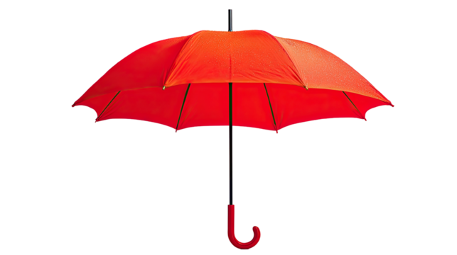 A vibrant red umbrella, open, against a black background.  The umbrella's canopy is a deep, rich red,  with visible ribs.  A dark handle extends down from the center
