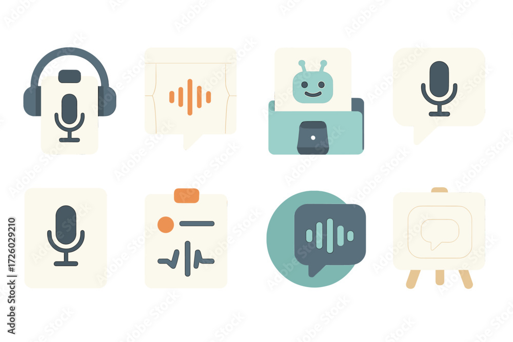 Poster flat voice assistant icon set with microphone and chatbot designs for digital interfaces