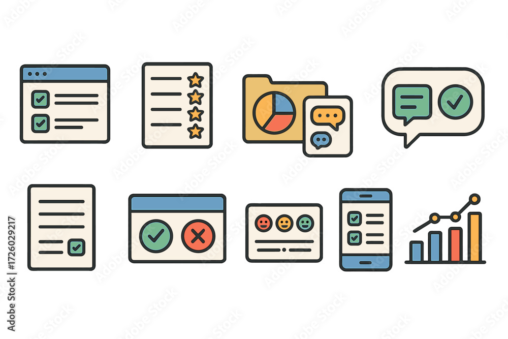 Poster office productivity flat icon set. workflow, communication and data management icons.
