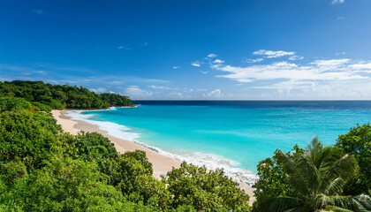 Fototapeta premium Serene Tropical Beach With Turquoise Waters And Lush Green Foliage On A Sunny Day