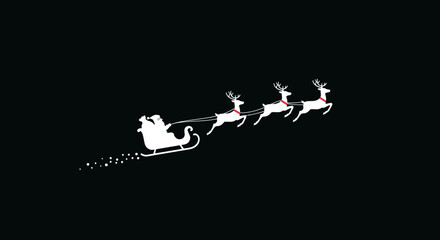 Silhouette of Santa Claus in his sleigh being pulled by reindeer flying through a dark night sky