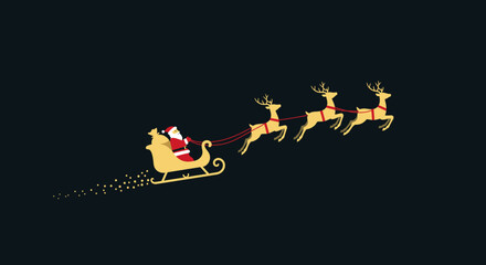 Minimalist vector illustration of Santa Claus riding in a sleigh pulled by a team of flying reindeer. Festive black silhouette on a grey background for Christmas
