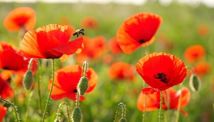 Fototapeta premium Vibrant red poppy field with bee