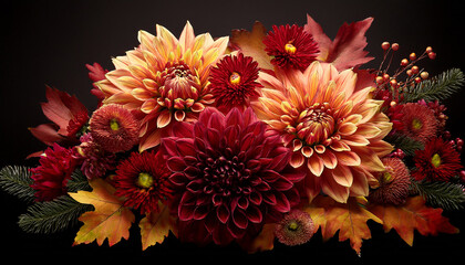 Rich Autumn Bouquet Of Burgundy Dahlias Golden Chrysanthemums And Russet Leaves Warmly Glowing On Plain Black Background