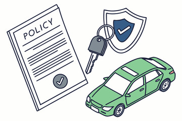 Rental or leasing car with keys near auto insurance policy form. Vehicle safety, assistance and protection concept. Vector illustration.