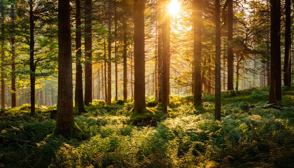 Lush Forest Scene Bathed In Golden Sunlight