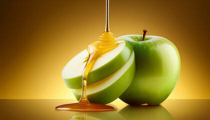 Honey Drizzling Over Sliced Green Apple On Golden Background For Rosh Hashanah